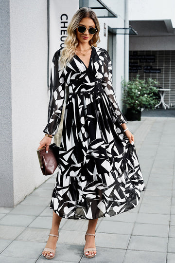 Black Printed Long Sleeves Casual Dress